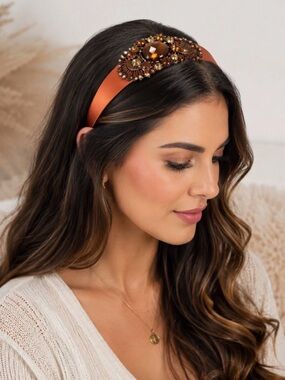 Embellished Satin Headband in Burnt Orange